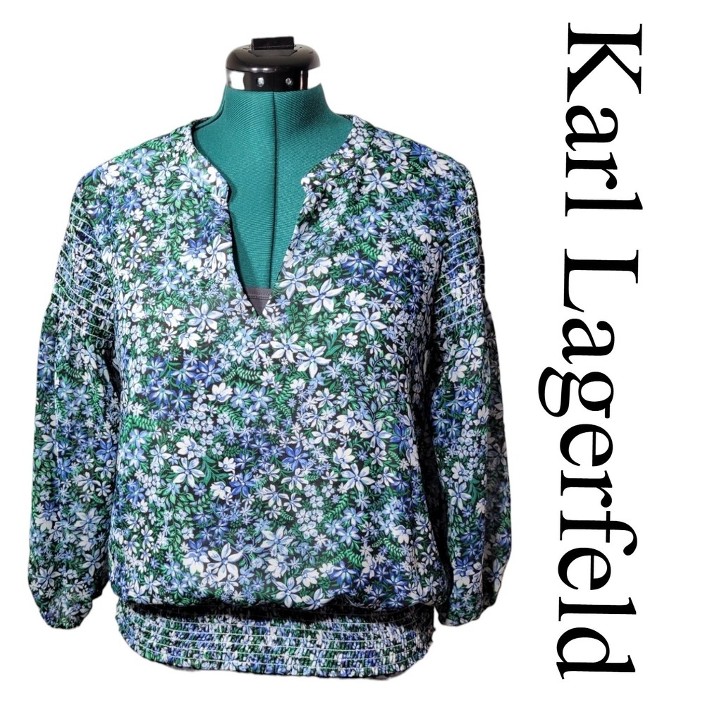 Karl Lagerfeld Paris Womens Floral Smocked Blouse Blue Green V-Neck Size M